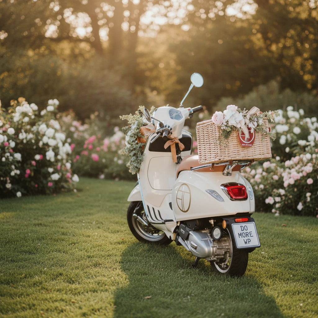 Skin Therapy's custom Vespa decorated with greenery and a wicker basket filled with flowers. New delivery Vespa for all online orders through Skin Therapy Online Store. 